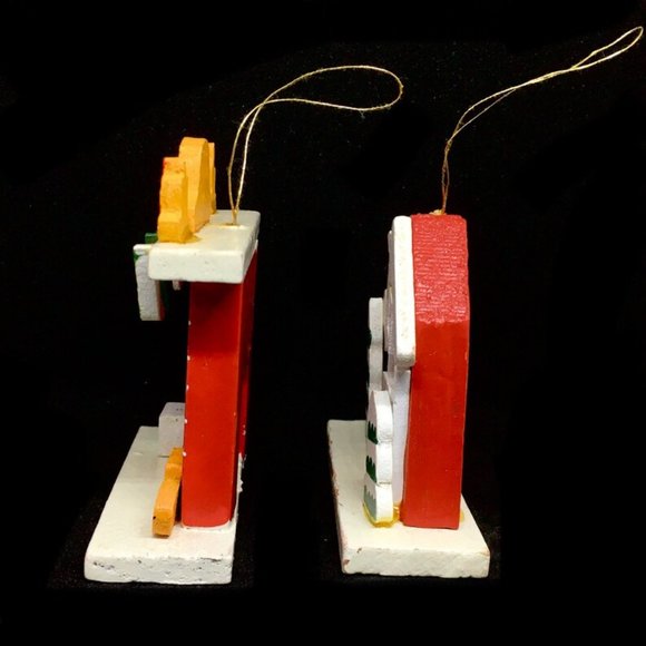 Vintage 1960s Lot of 5 Folk Art Handmade Wooden Christmas Tree Ornaments Santa - Picture 5 of 9